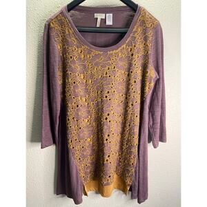 LOGO Women Purple Tunic Floral Lace Overlay Blouse Size S